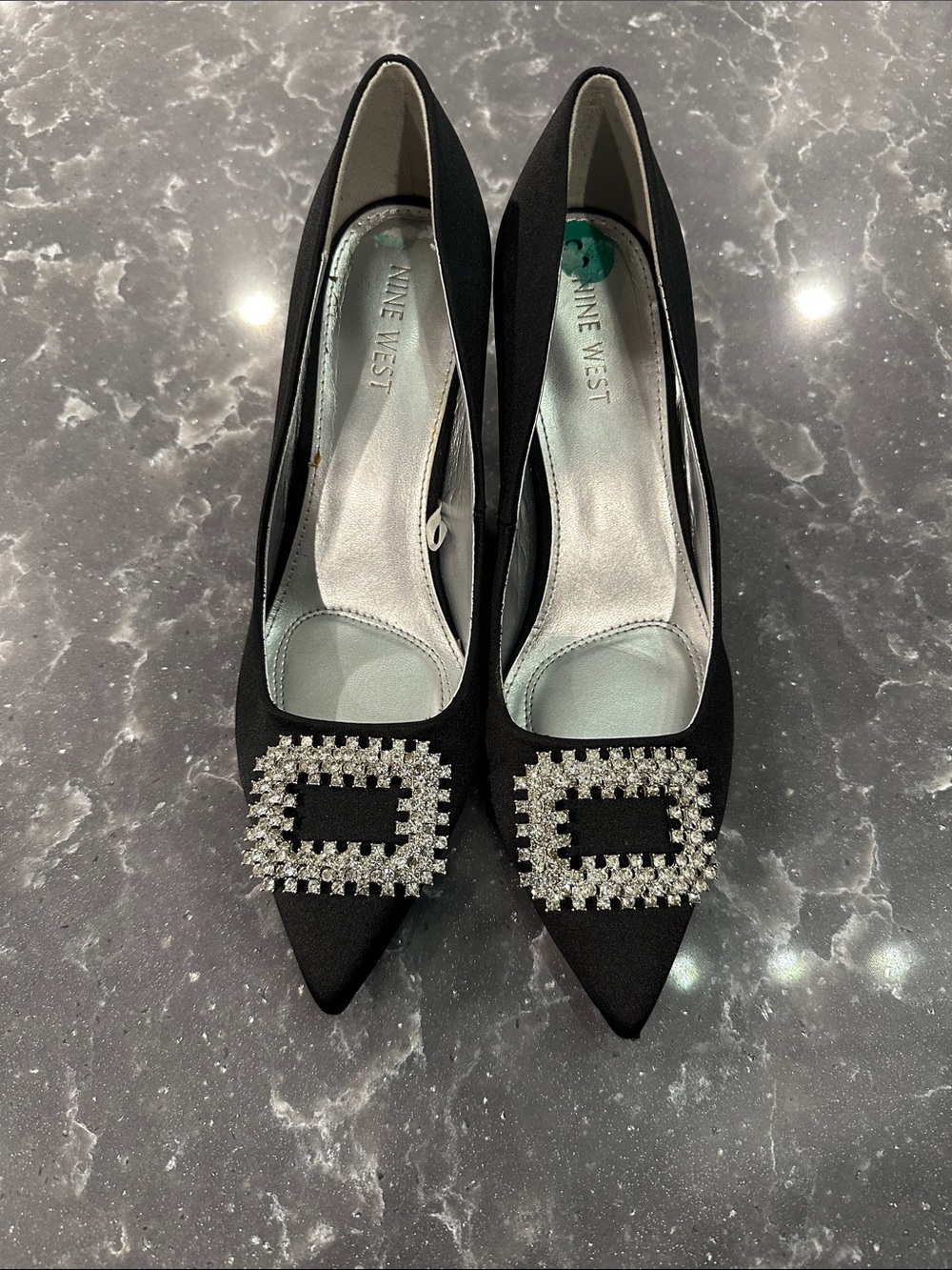 Nine West Black Satin Pointed Toe Pumps with Rhinestone Buckle